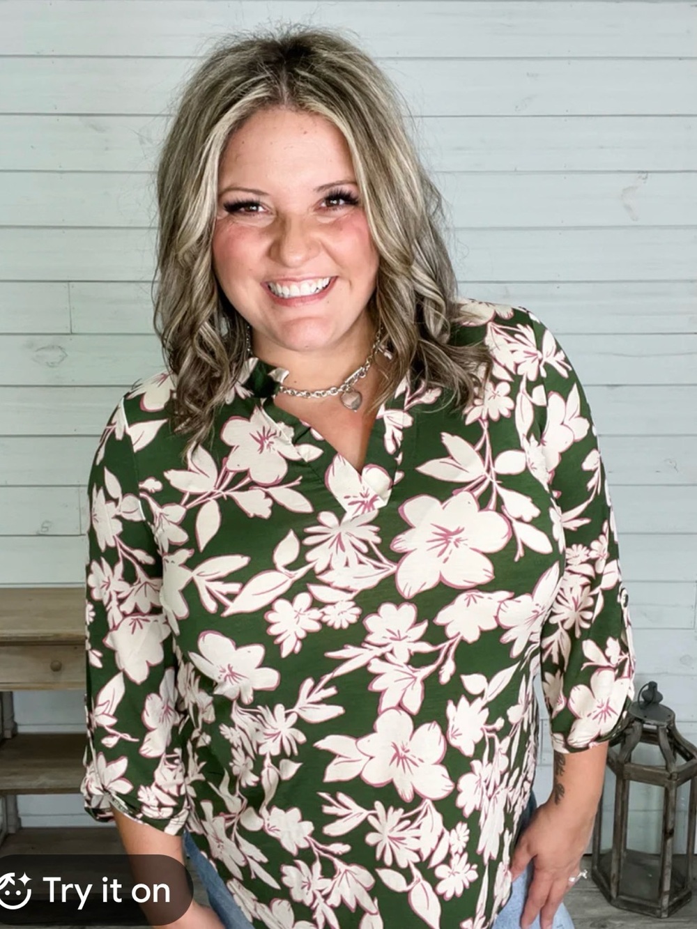 Dear Scarlett Olive Green Floral Tunic with Blush Print L (new in package) - Picture 2 of 3